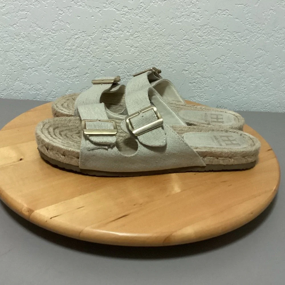 Haute Hippie Canvas Espadrille Flat Sandals Womens 10 Beige Double Buckle Slides